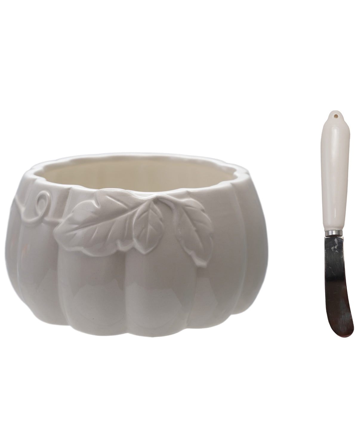 Ceramic Pumpkin Shaped Bowl with Canape Knife, Boxed Set of 2