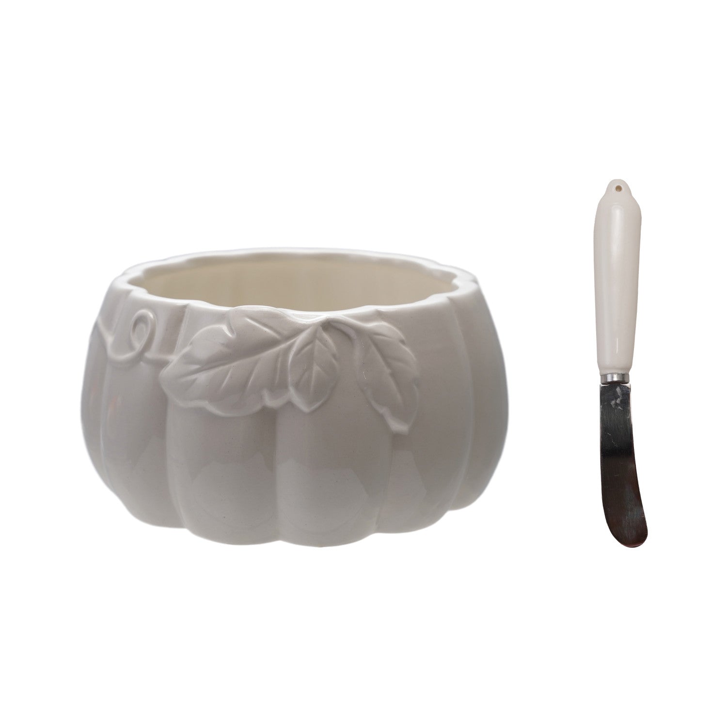 Ceramic Pumpkin Shaped Bowl with Canape Knife, Boxed Set of 2