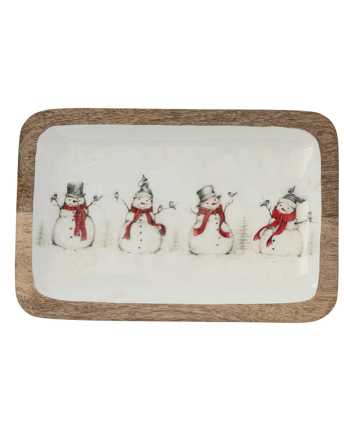 Enameled Mango Wood Tray with Snowmen & Birds Image ©