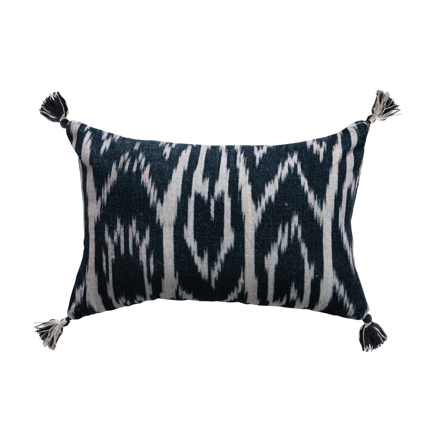 Cotton Velvet Ikat Printed Lumbar Pillow w/ Tassels & Chambray Back, Navy Color & Natural
